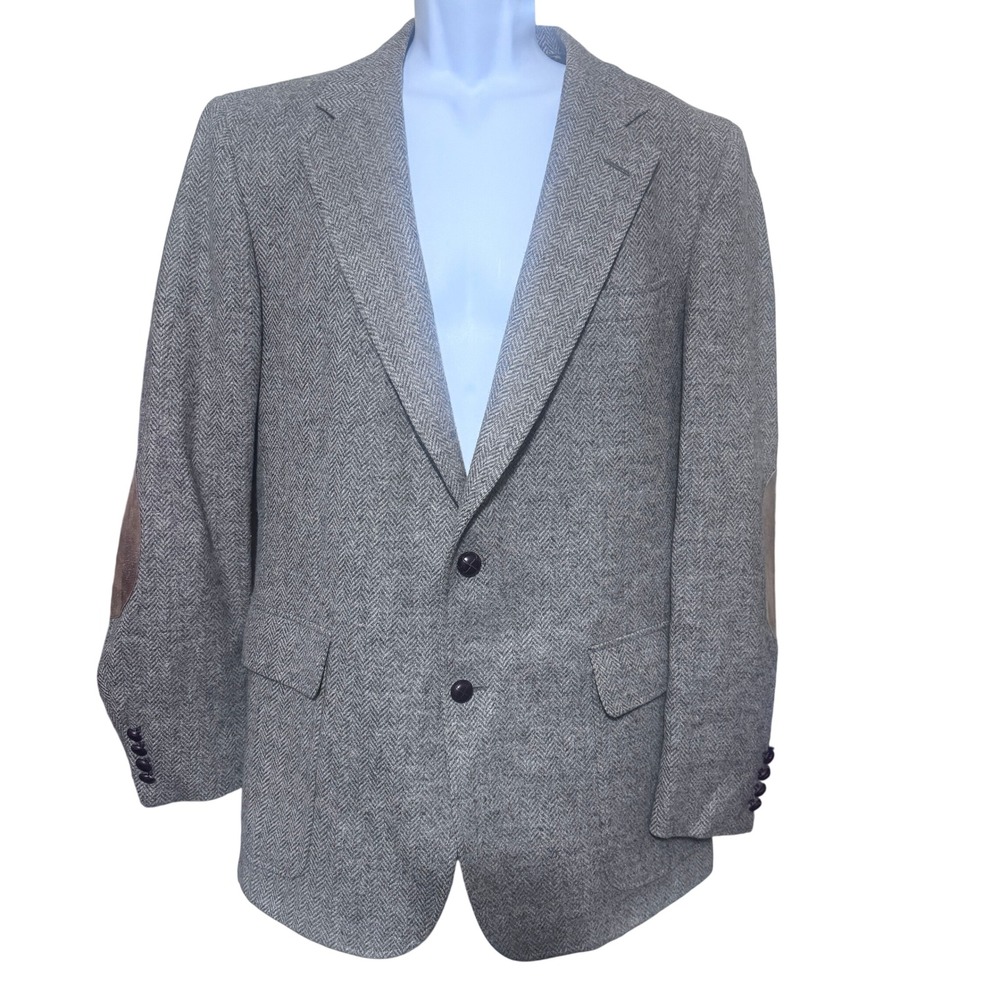VTG 80s Cricketeer Grey Herringbone Wool Blazer Elbow Patches Sport Coat 40R